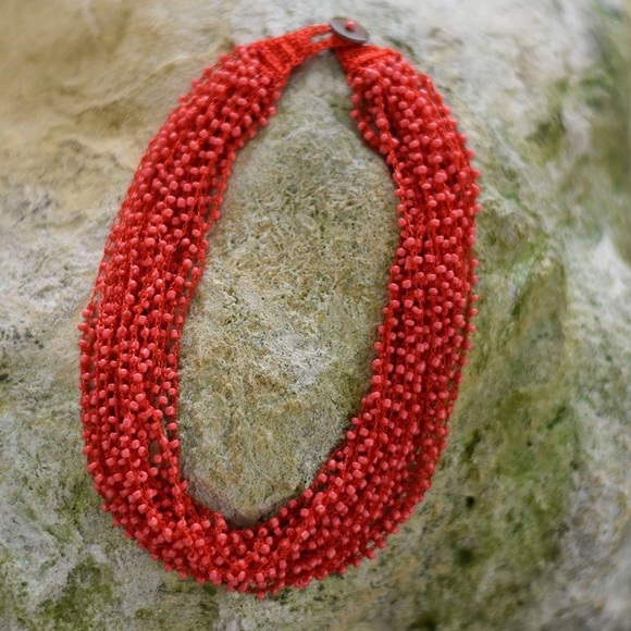 Red Beaded Bib Necklace - Picture 2 of 7